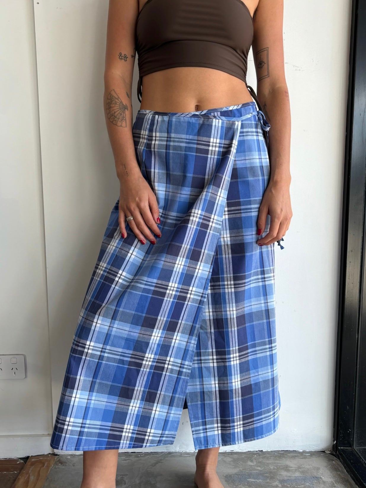 Midi Wrap Skirt in Blue Tartan