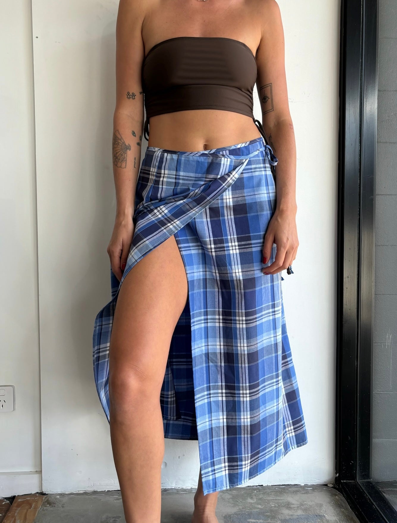 Midi Wrap Skirt in Blue Tartan