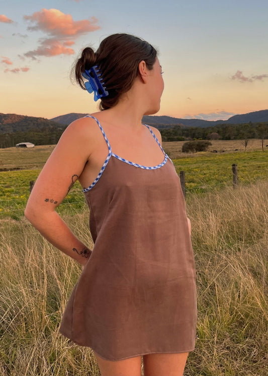 Brown + Blue Gingham Mini Dress